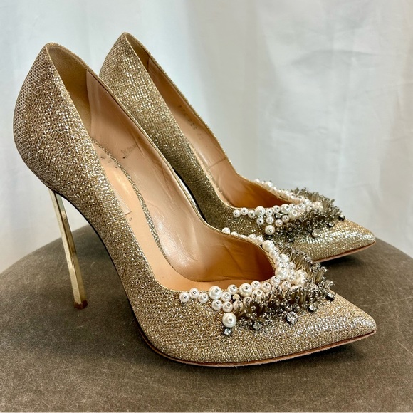 Casadei gold glitter stiletto blade high heel pumps 10 pearl beads rhinestones - Picture 3 of 11